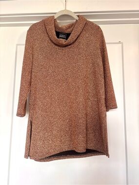 Coco Bianco Gold Metallic Shimmer 3/4 Sleeve Cowl Neck Stretch Tunic Top- Sz L